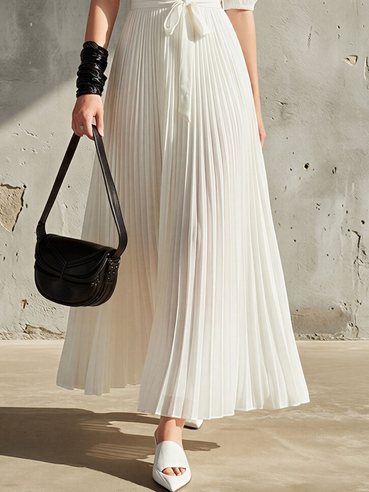 Noëlle™ | Women's White Chiffon Pleated Maxi Dress With Puff Sleeves & Waist Tie