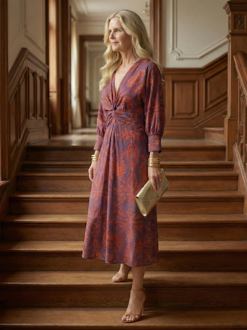 Falune – Elegant women’s midi wrap dress with print and a tailored fit