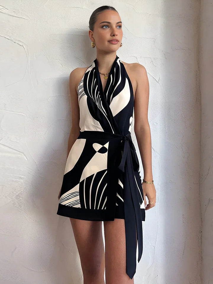 Vestito corto all'americana con stampa a contrasto e cintura