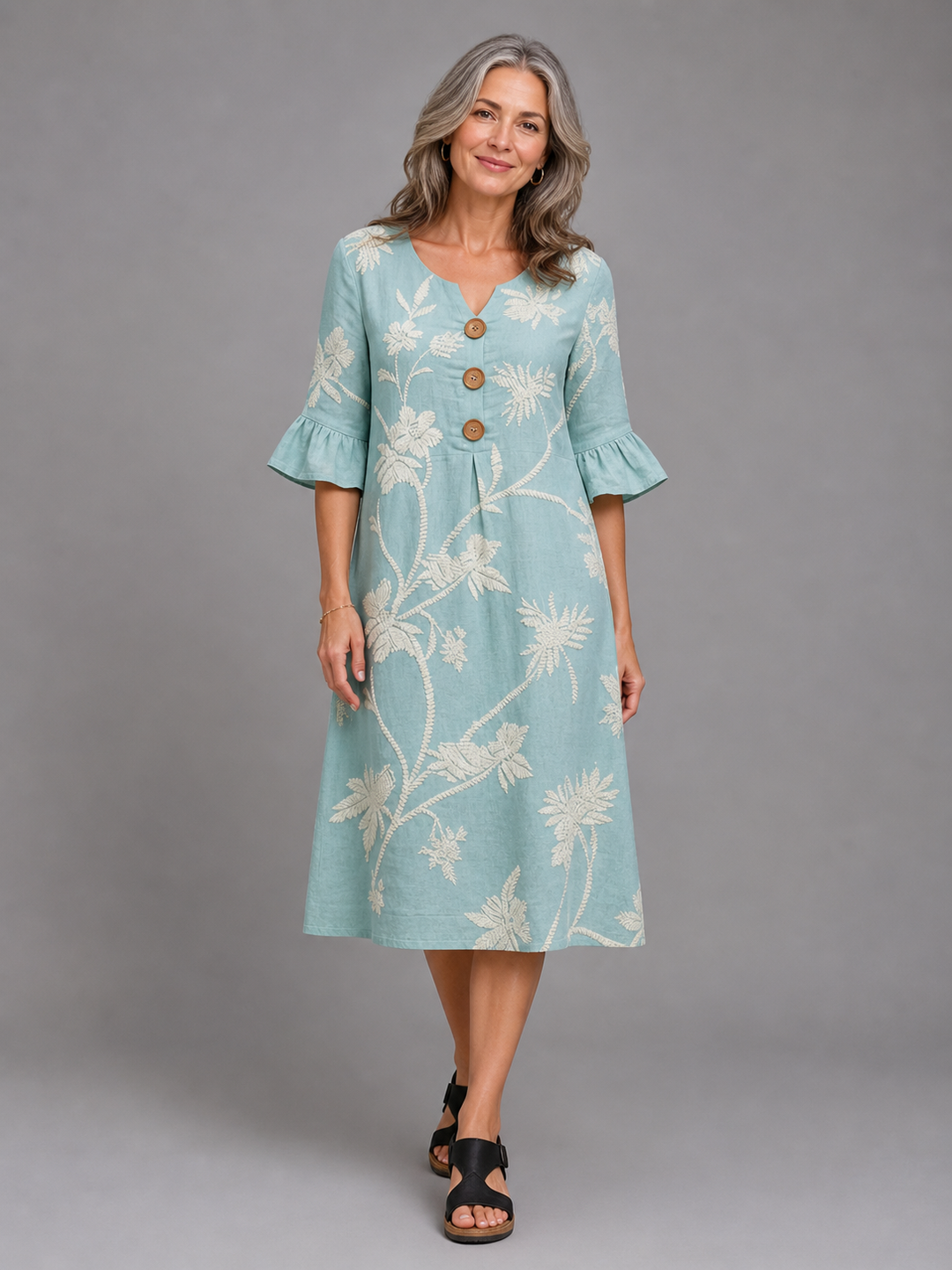 Linda | Embroidered Botanical Midi Dress