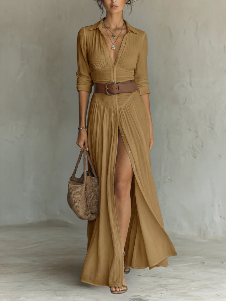ESSENTIAL - Long Maxi Dress with Notched Collar and Long Sleeves for Women