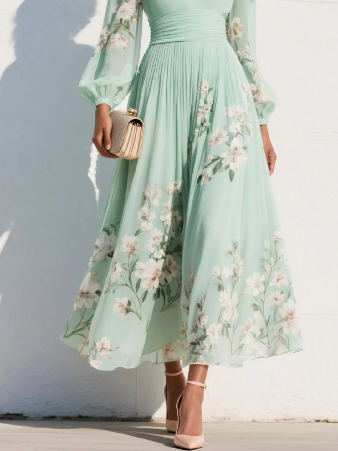 Light Green Chiffon Midi Dress with Pleated V-Neck Design