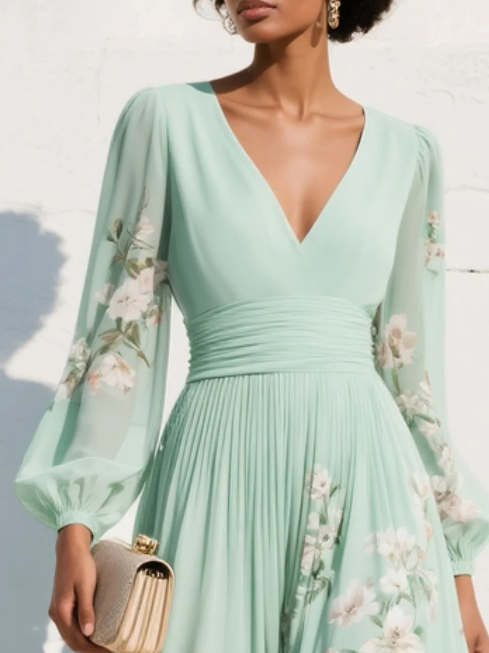 Light Green Chiffon Midi Dress with Pleated V-Neck Design
