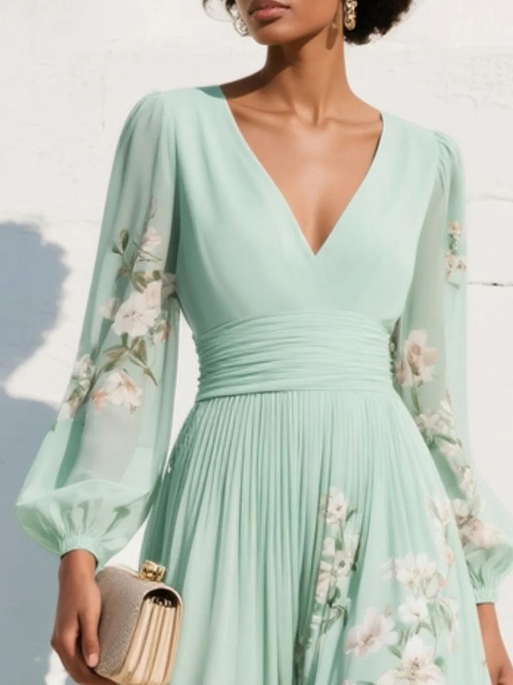 Light Green Chiffon Midi Dress with Pleated V-Neck Design