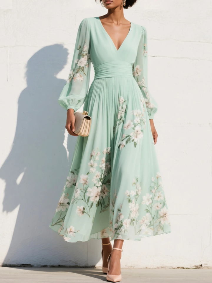 Light Green Chiffon Midi Dress with Pleated V-Neck Design