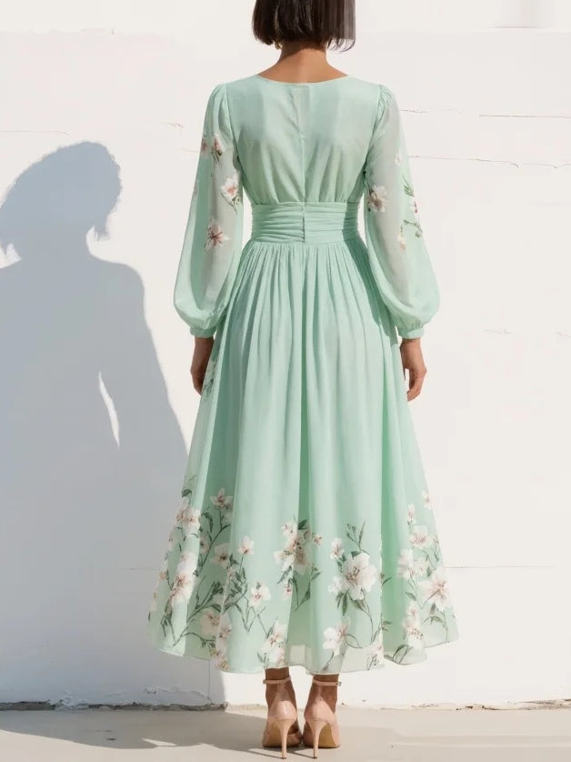Light Green Chiffon Midi Dress with Pleated V-Neck Design
