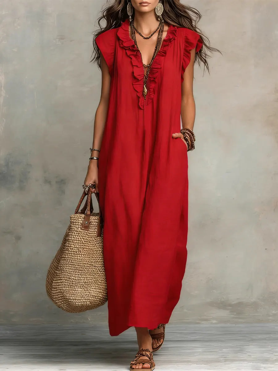 Izzellea - Women’s Long Bohemian Linen-Cotton Dress with a Flowy Fit and Elegant Ruffle Details