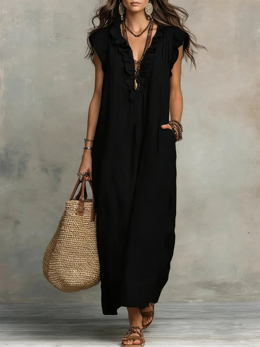 Izzellea - Women’s Long Bohemian Linen-Cotton Dress with a Flowy Fit and Elegant Ruffle Details