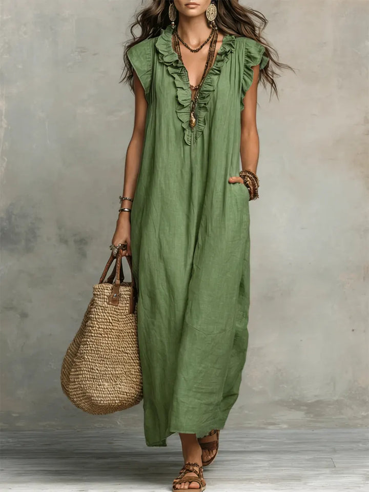 Izzellea - Women’s Long Bohemian Linen-Cotton Dress with a Flowy Fit and Elegant Ruffle Details