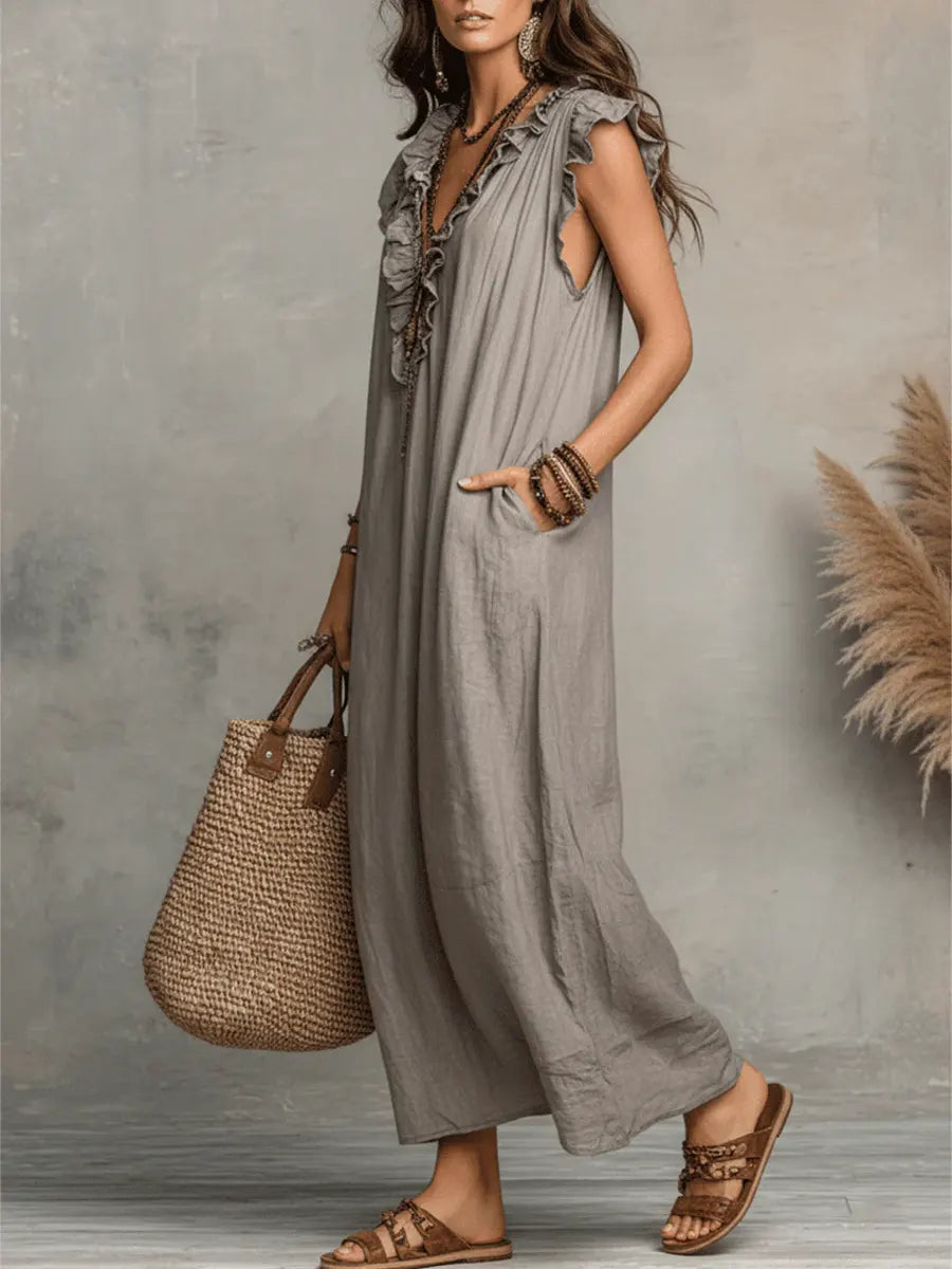 Izzellea - Women’s Long Bohemian Linen-Cotton Dress with a Flowy Fit and Elegant Ruffle Details