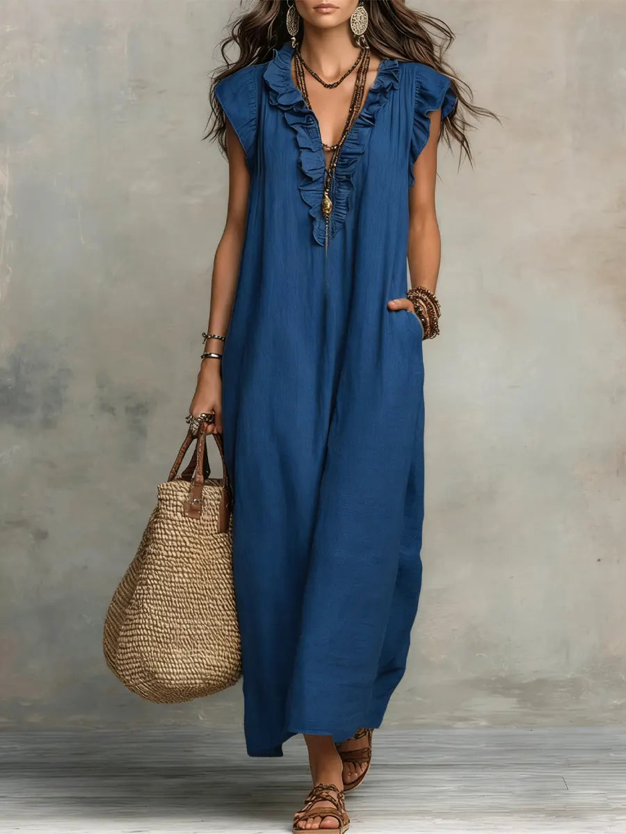 Izzellea - Women’s Long Bohemian Linen-Cotton Dress with a Flowy Fit and Elegant Ruffle Details