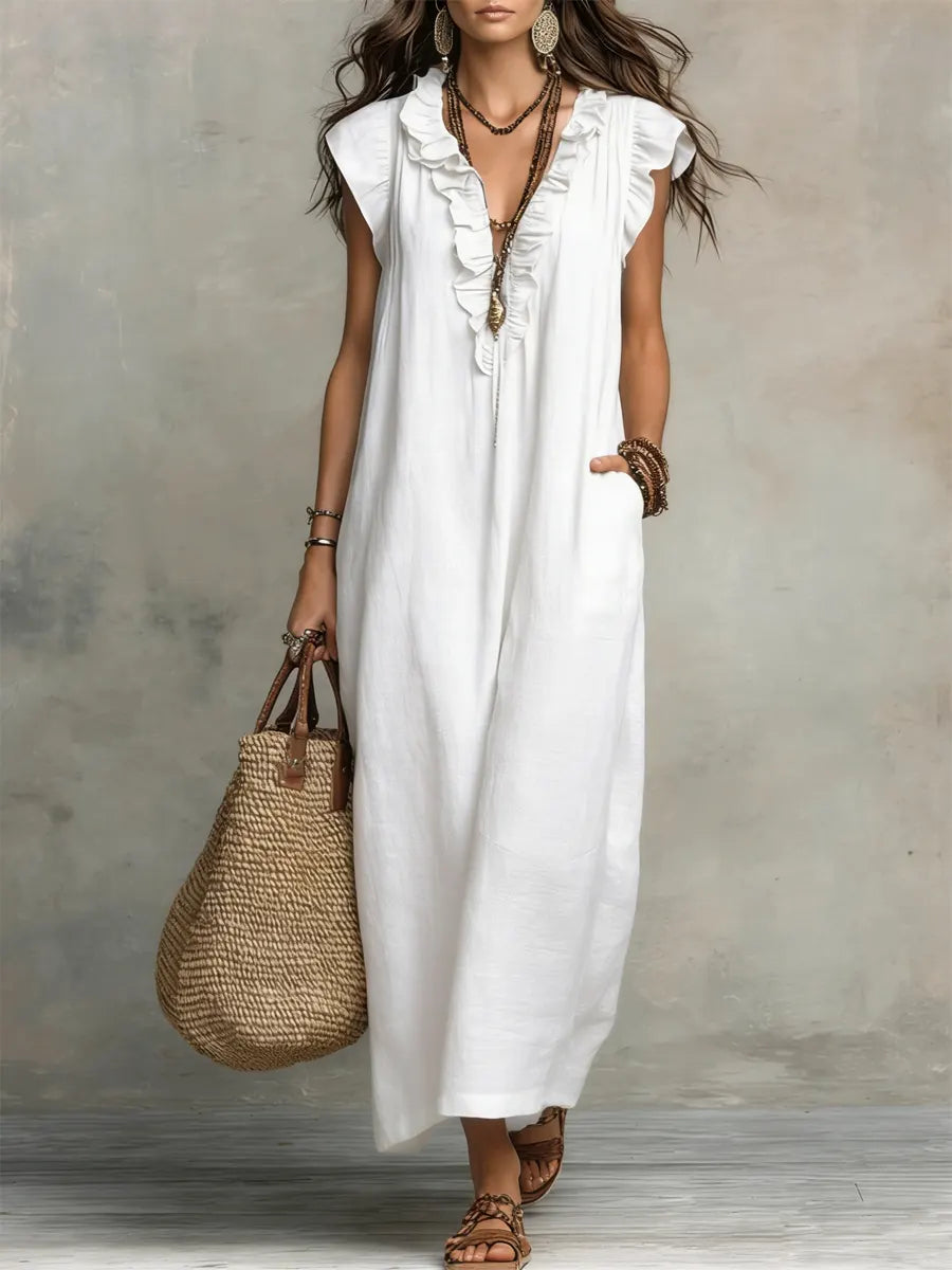 Izzellea - Women’s Long Bohemian Linen-Cotton Dress with a Flowy Fit and Elegant Ruffle Details