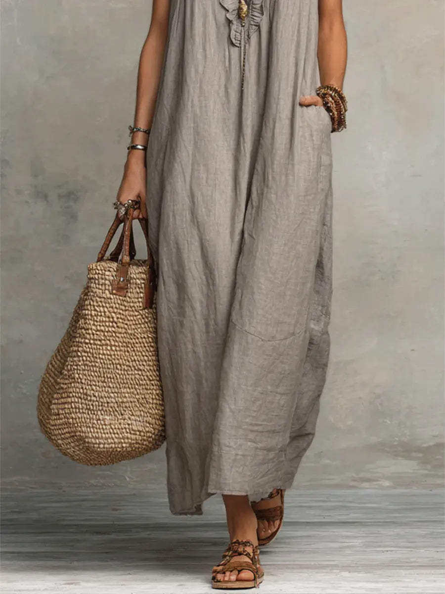 Izzellea - Women’s Long Bohemian Linen-Cotton Dress with a Flowy Fit and Elegant Ruffle Details