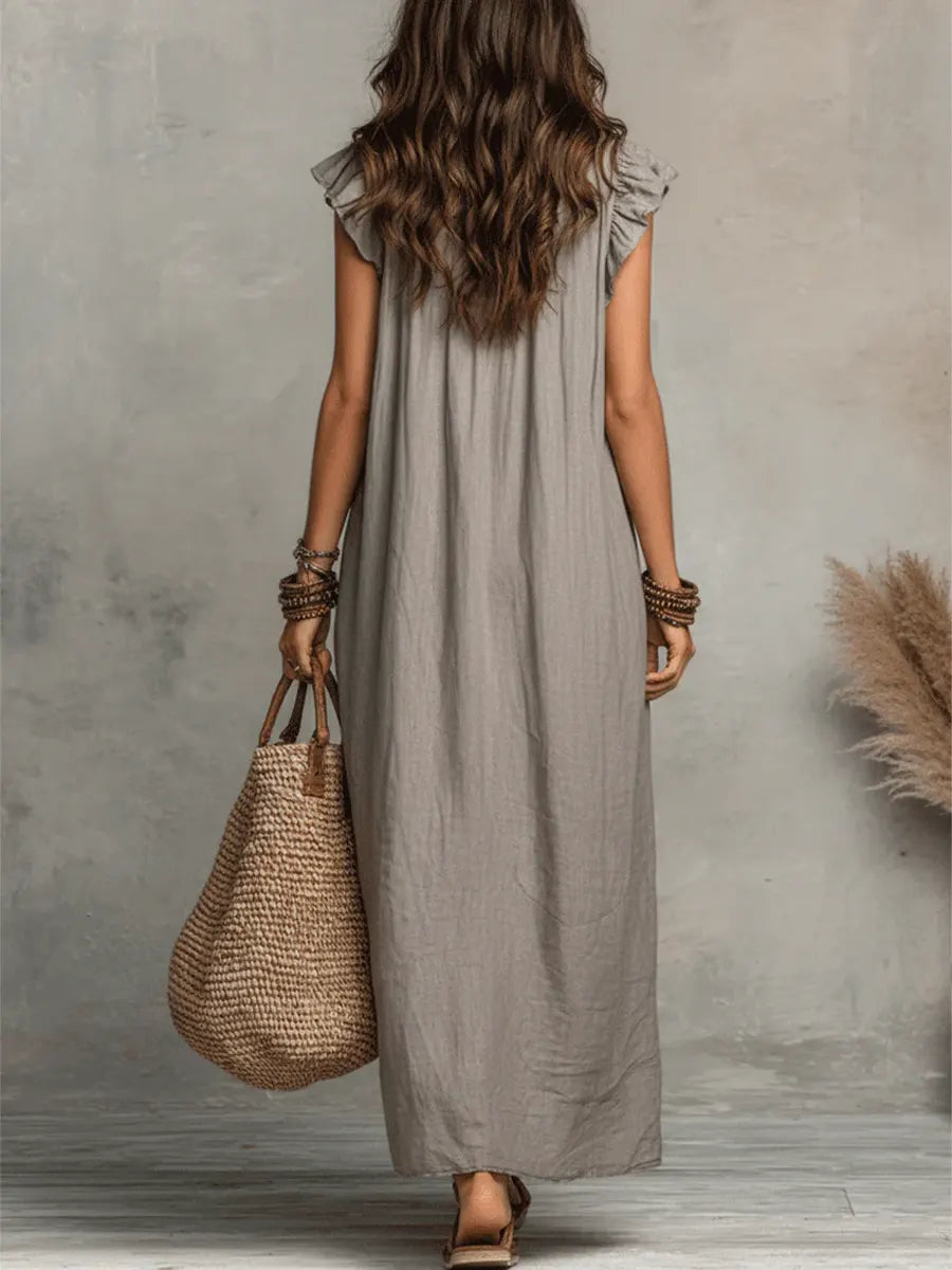 Izzellea - Women’s Long Bohemian Linen-Cotton Dress with a Flowy Fit and Elegant Ruffle Details