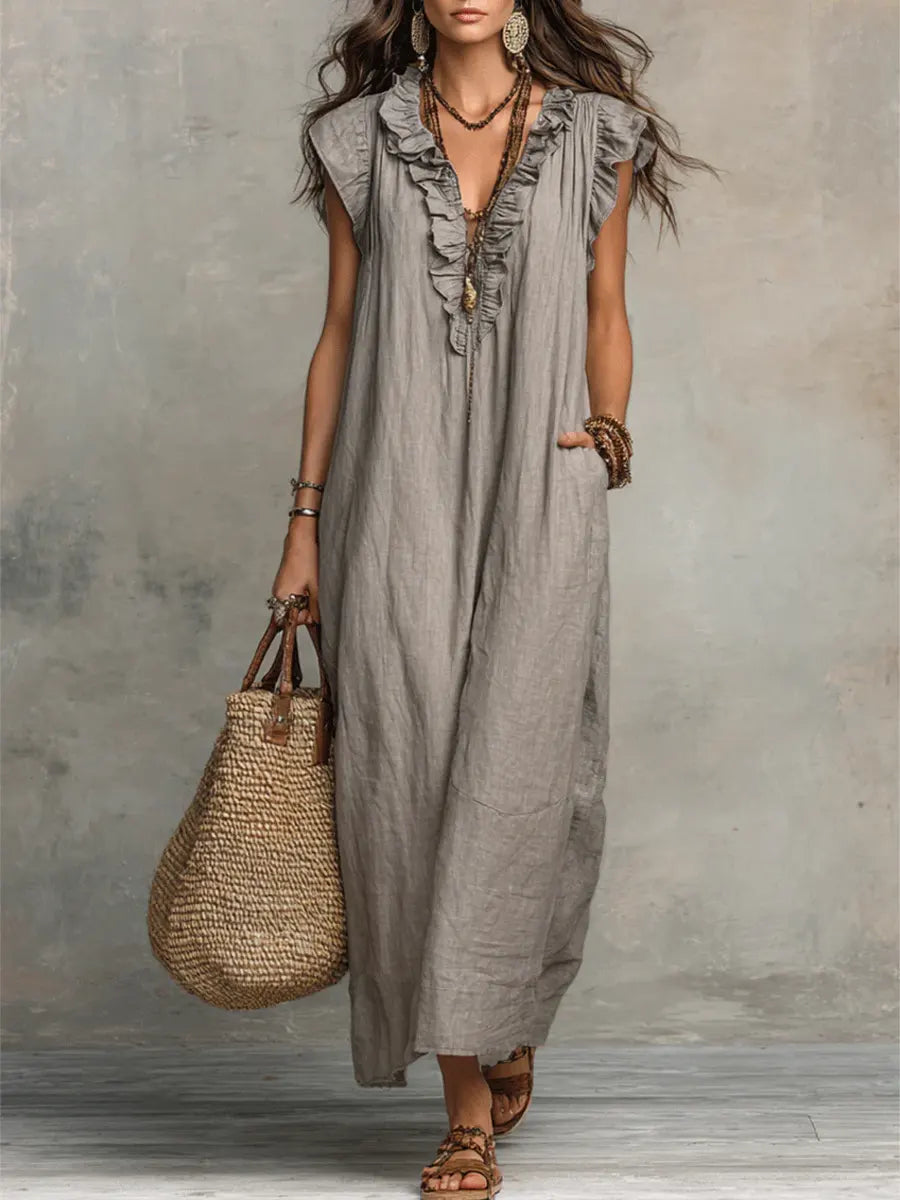 Izzellea - Women’s Long Bohemian Linen-Cotton Dress with a Flowy Fit and Elegant Ruffle Details